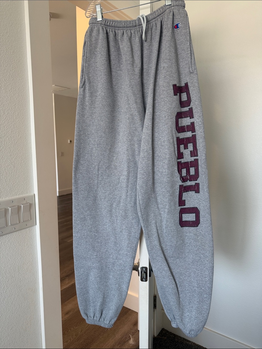 Champion Gray Sweatpants with Maroon PUEBLO Side Lettering